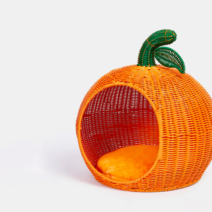 Tangerine Rattan Pet Bed with Plush Cushion