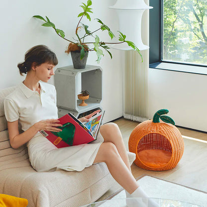 Tangerine Rattan Pet Bed with Plush Cushion
